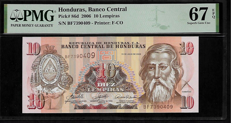 Honduras 10 Lempiras 2006 PMG 67 EPQ UNC Pick # 86d PMG Population 1/0 Top Grade