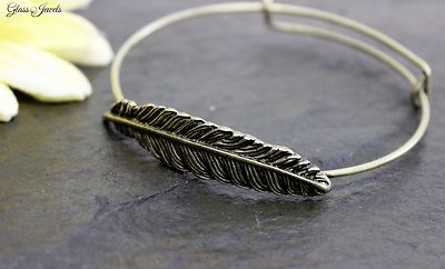 Glass Jewels Bronze Bracelet Vintage Feather Boho Length 24 cm#O008