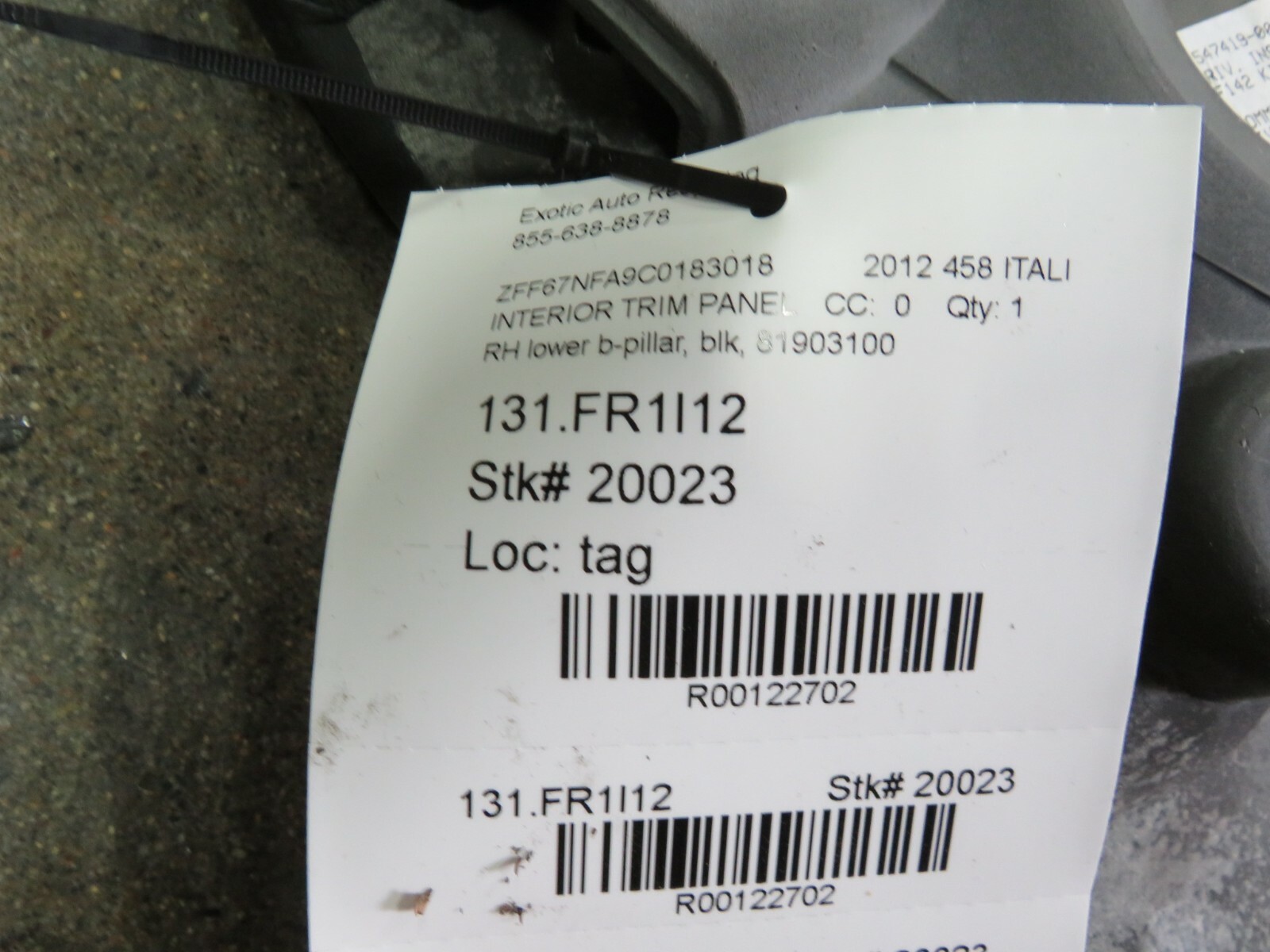 Ferrari 458 Italia, RH, Right Lower B-Pillar Trim Panel, Blk, Used, P/N 81903100