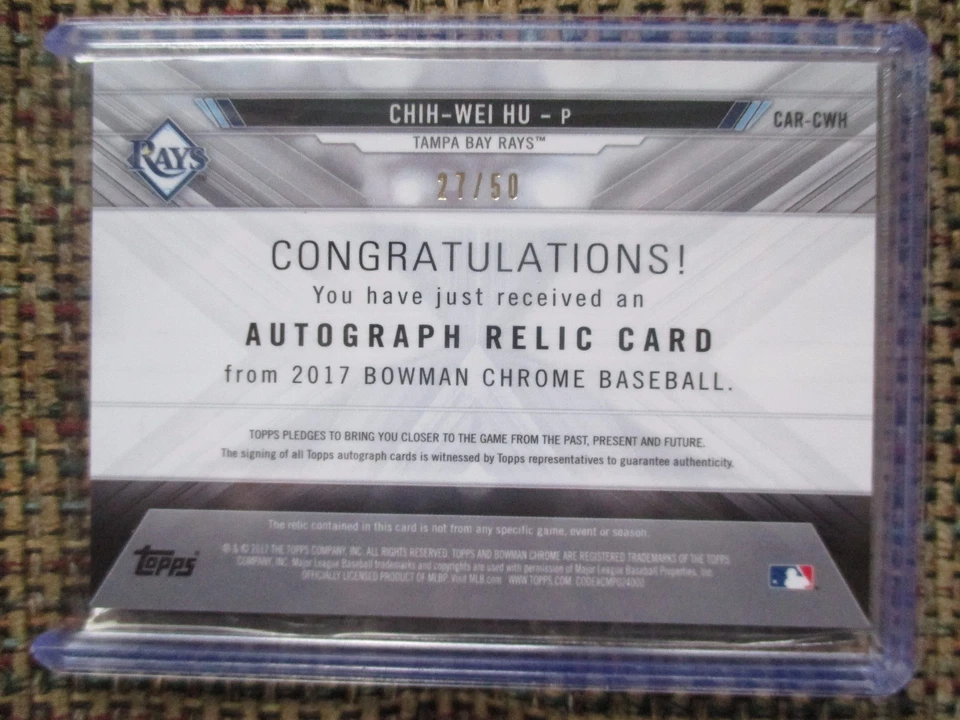 CHIH-WEI HU Rays 2017 Bowman Chrome PATCH Relic Autograph #27/50 AUTO - Image 2 of 2
