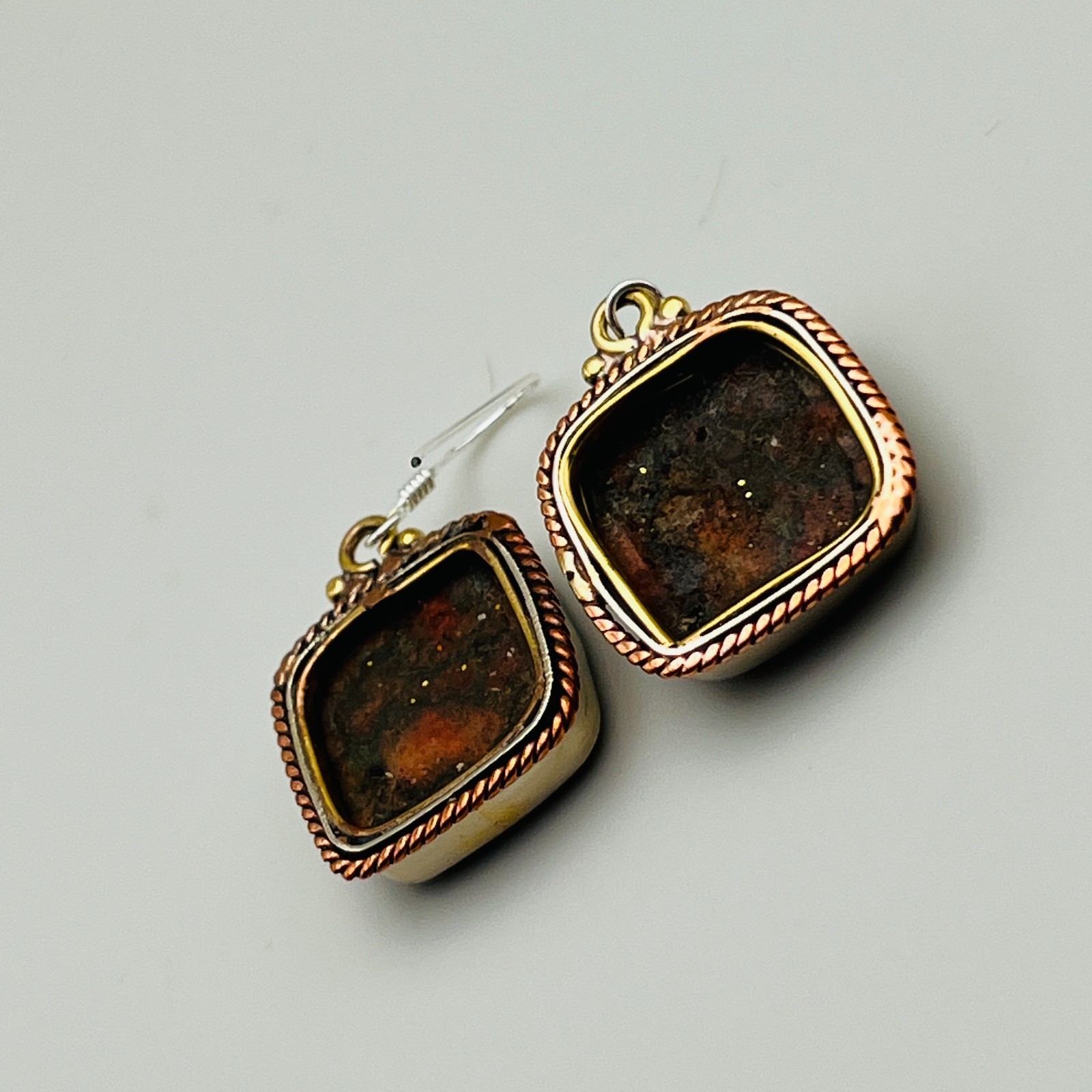 Dangle Earrings Square Jasper Stone Two Tone Pier… - image 8