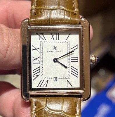 Pablo Raez 40mm Brown Leather Men's Big Square Gold Tank Quartz Watch From USA