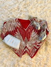 Vintage 70s 80s Sequined Beaded Butterfly Blouse, Disco, Red, Silver, White M-L