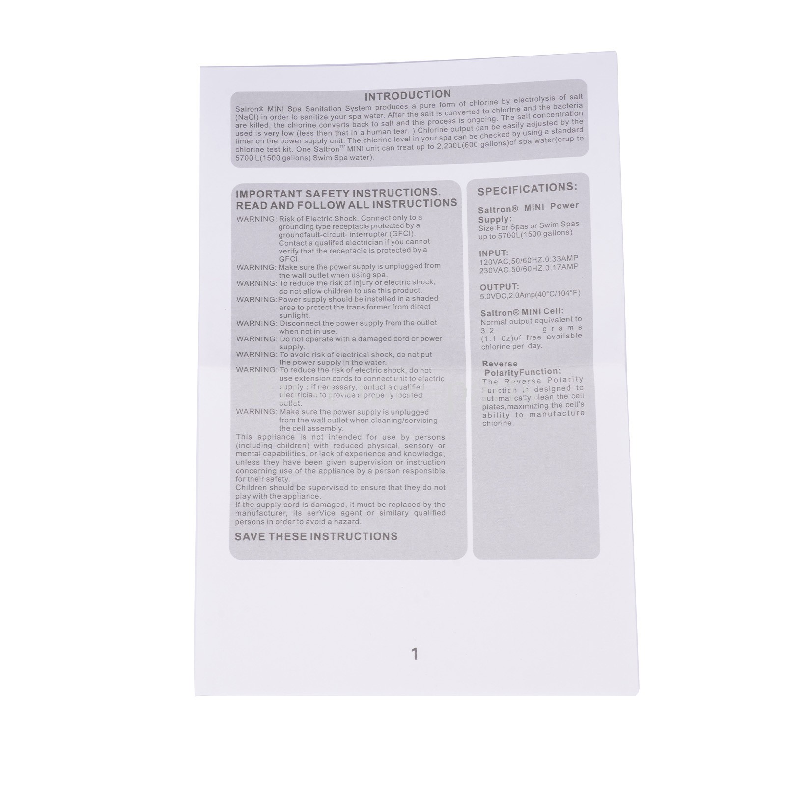 Salt Water Chlorinator System for Hot Tubs and Swim Spas 2000 Gallon Capacity