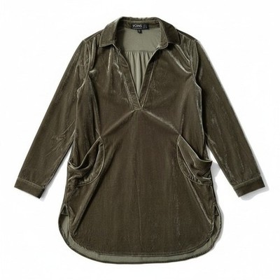 YOINS Olive Green Velvet V-Neck Tunic Top Long Sleeve Pocketed Blouse US 4