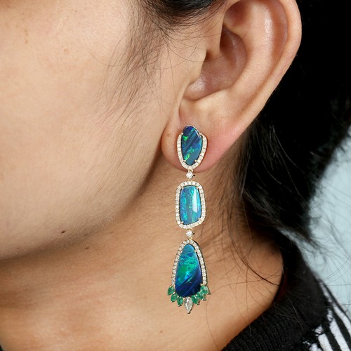 18k Gold Opal Emerald Diamond Dangle Earrings Womens Luxury Statement Jewelry - Picture 2 of 6