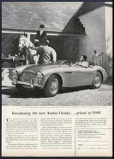 1954 Austin Healey 100 car equestrian horse stables woman photo vintage print ad