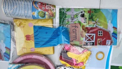 Farm Birthday Party Supply Kit Animal Print w/ Plates Cups Napkins Banners