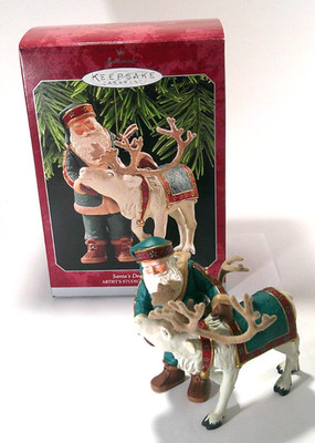 SANTAS DEER FRIEND Hallmark Ornament 1998 Santa Claus & Deer w/ Flocked Antlers