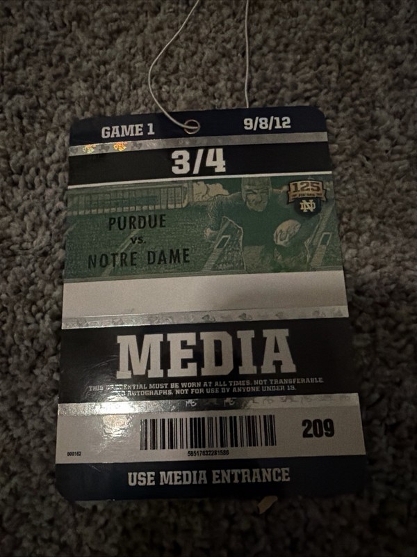 September 8, 2012 – Notre Dame vs. Purdue Media Pass Undefeated Season Rare