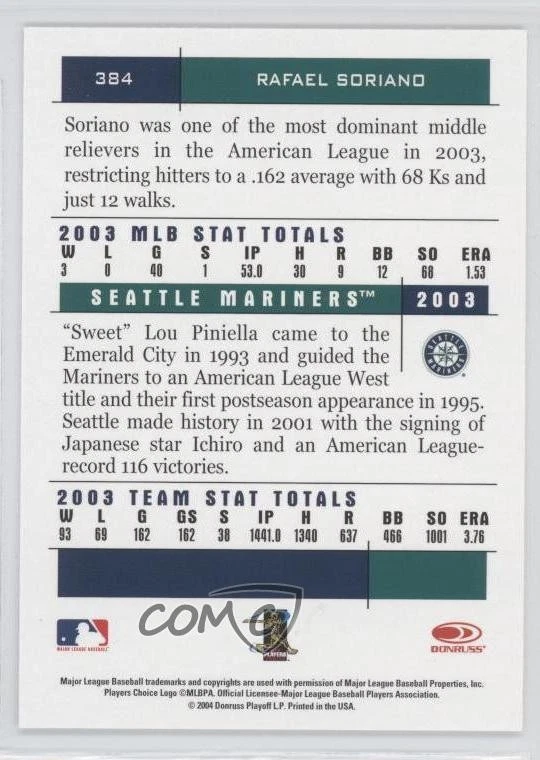 2004 Donruss Team Heroes Rafael Soriano #384 - Image 2 of 2