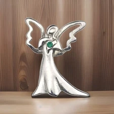 CAMCO Vintage Angel Pin Brooch Silver Tone Green Jeweled Heart Religious