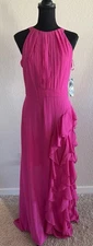 Size 6 Betsy & Adam Fuchsia/Hot Pink  Halter Neck Ruffled Long Evening Gown