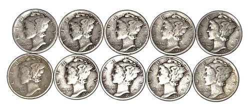SILVER MERCURY DIMES - 10 Cent Coins VARIOUS DATES, MINTS & QUALITIES Lot of 10