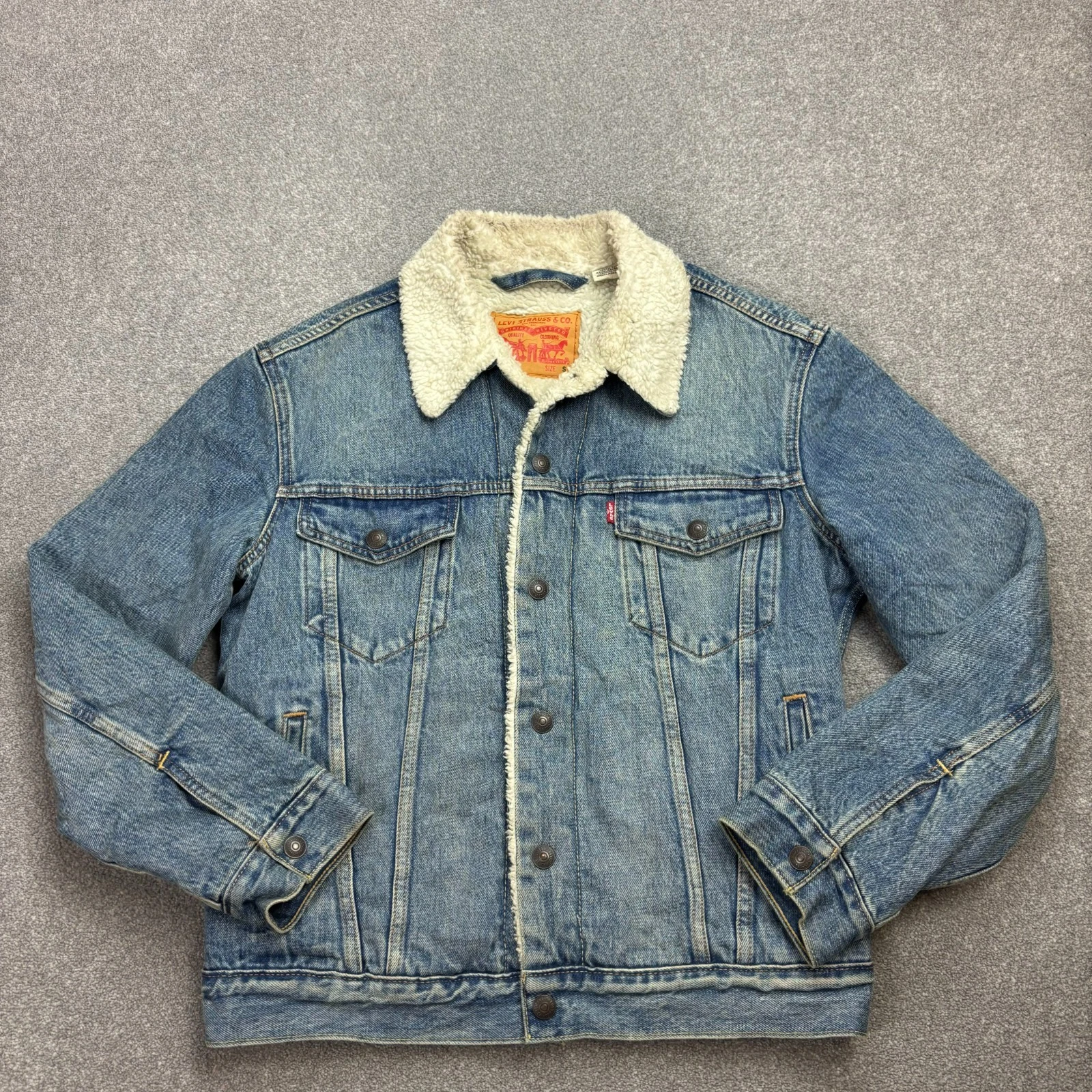 Levis Denim Jacket Adult Small Blue Sherpa Lined Trucker Red Tab Utility Men