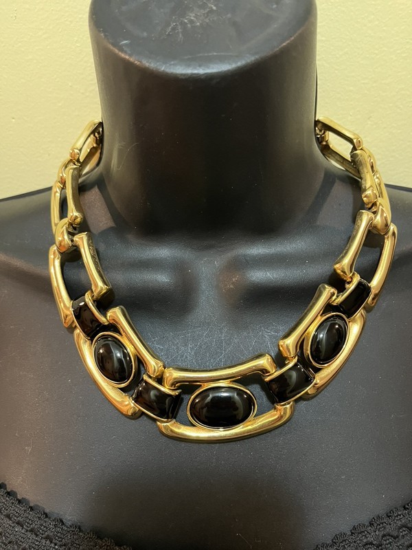 Necklace Enamel Black Lucite Cabochon Chunky Collar Goldtone Statement Fashion 