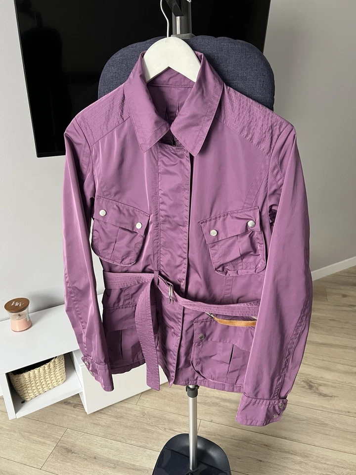 Jaqueta utilitária vintage Moncler com cinto – Casaco de mola de náilon roxo feminino tamanho M - Imagem 2 de 4