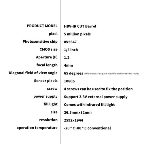 5MP Fisheye Camera 1080P 2592x1944 65°Diagonal Field View For RPi B 3/2