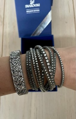 X2 zwei Swarovski Armbänder Textil Kristall Berg Slake Grau Silber Wickel Neu + Box