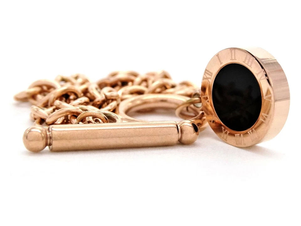 Genuine rose gold chaped solid link chain moonstone black round roman numerals Foto 2 de 4