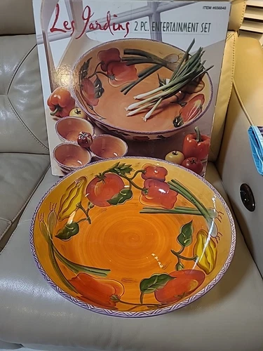Clay Art Fiesta Bowl w/Hand Painted Peppers & Onions 17” Les Jardins
