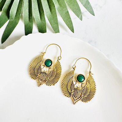 Vintage Style Antiqued Gold Winged Scarab Earrings Insect Egyptian Jewelry NEW