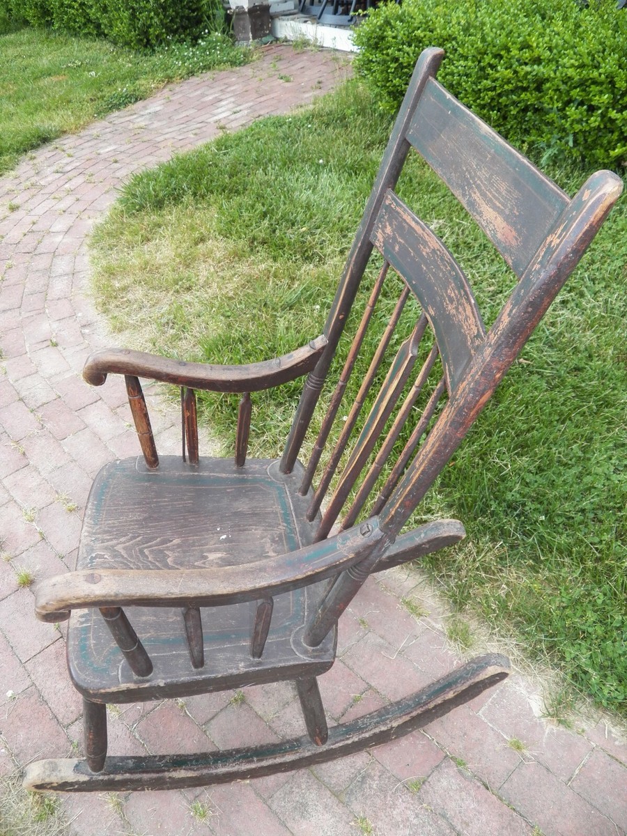 Antique Paint Decorated Rocker Rocking Chair worn original paint windsor  seat