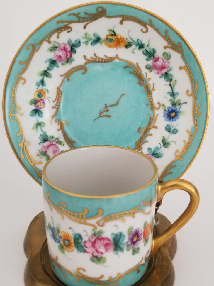 Platillo taza Demitasse azul turquesa principal DT decoración firmado a mano rosas rosadas