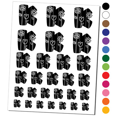Sweet and Cute Flowers Rounded Block Letter K Temporary Tattoo Set