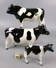 Beswick Cattle Family: Friesien Bull, Cow & Calf. Cream ceramic figurines. VTG