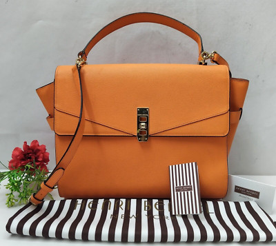 Henri Bendel Uptown Orange Leather Turnlock Top Handle Flap 