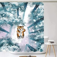 Cartoon Shower Curtain Tiger In The Forest Bathroom Decor with Hooks Waterproof