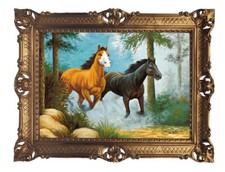 Bellissimo Dipinto 90X70Cm - M. Ruiz 'Cavalli Galoppanti Nel Bosco Repro Alto