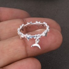 925 Sterling Silver Star Band Ring With Hanging Crescent Moon Gift For Sister