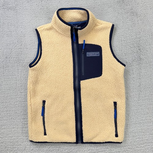 Vineyard Vines Faux Sherpa Sleeveless Vest Youth L (16) Ivory Navy Blue Pocket