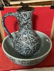 Large Vintage Signed McCoy Art Pottery Pitcher&Bowl Blue With Brocada Pattern