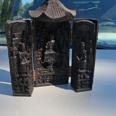 Buddhist Folding Hinged Shrine Box Triptych, Carved Figures, Pagoda Roof