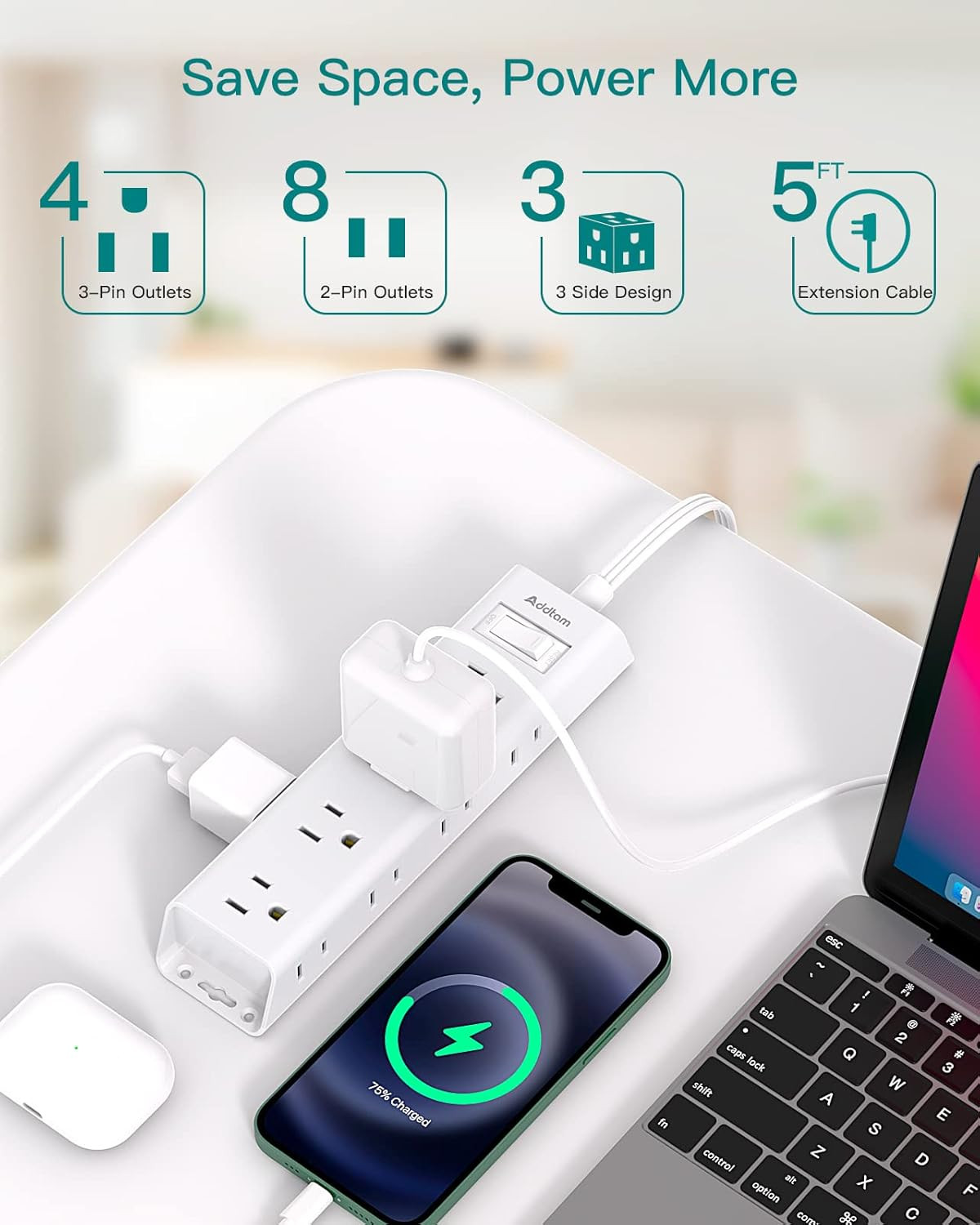 Flat Plug Power Strip, Ultra Thin Flat Extension Cord -  12 Widely AC 3 Sides Mu