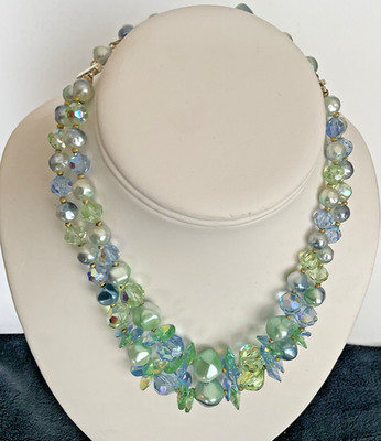 Vintage Laguna 2 Strand Aqua Aurora Borealis Crystal Faux Pearl Choker Necklace