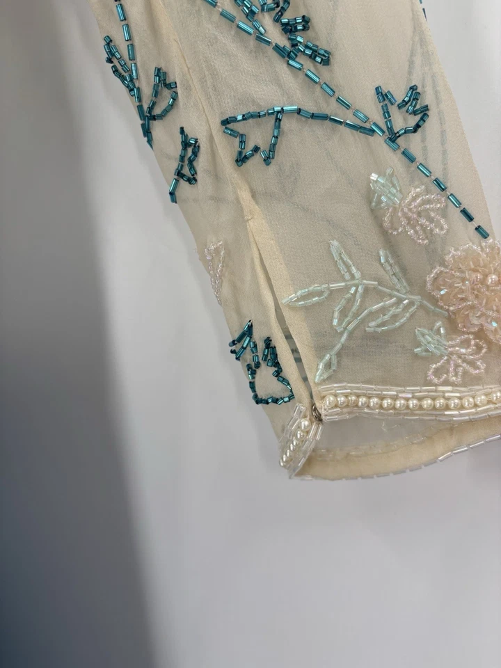 Vestido vintage con cuentas para mujer 8 azul marfil maxi cuello en V volantes florales forrado con cremallera Foto 2 de 4