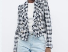 New with Tags Zara Textured Double-breasted Blazer Cropped Blue, White XS