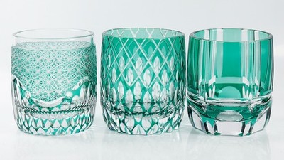 A Set Edo Kiriko Glass Handmade Rock Whisky Drinking Glasses Green 250ml