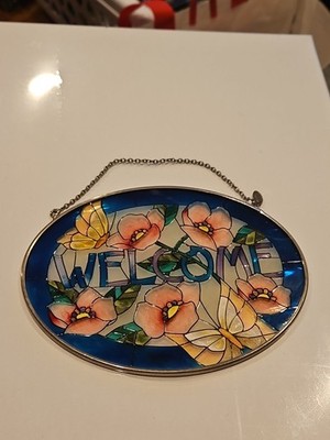 AMIA Flowers Butterfly Welcome Sign Stained Glass Hanging Suncatcher 7 x 5.25 