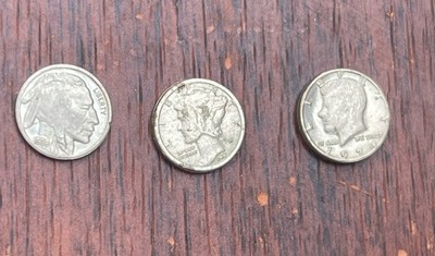 MINIATURE COIN 1938 BUFFALO NICKEL 1914 DIME 1974 HALF DOLLAR