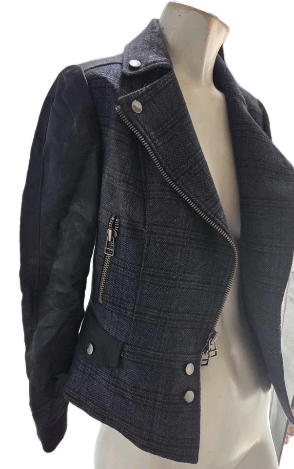 Veronica Beard Women's Jacket 0 Blue Plaid Wool Everly Combo Moto Biker - Image 4 of 4
