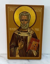 EUROPEAN ORTHODOX PAINTED WOOD ICON - SAINT WILFRED ARCHBISHOP OF YORK