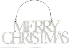PBK Christmas Decor - White Glitter Tin Word Merry Ornament