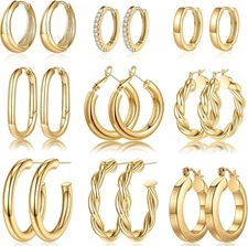 9 Pairs of 14K Gold Plated Chunky Hoop Earrings Set - Hypoallergenic Jewelry