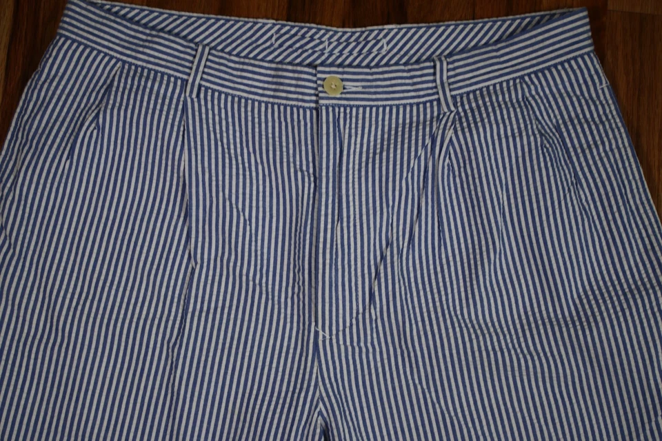 Pantalones Cortos NAUTICA Rigger Clásicos Doble Plisado Seersucker Azul Rayas Algodón Talla 36 Foto 2 de 4