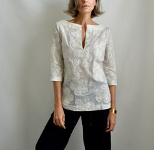 Tory Burch Silver Metallic Embellished Boho Chic Tunic Top Size 4